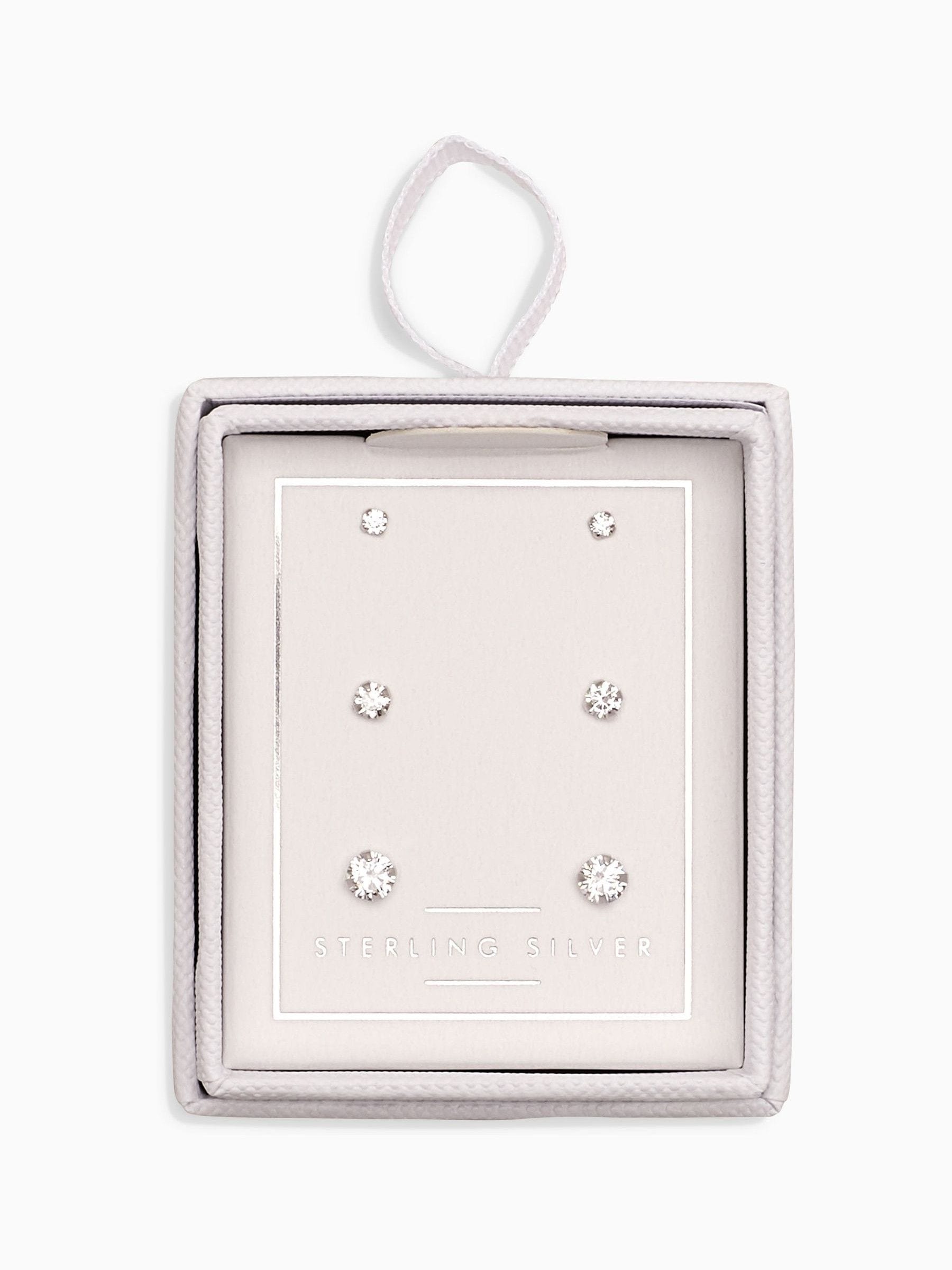 Sterling silver crystal stud earrings 3-pack with 2mm, 3mm, 4mm studs (British brand)