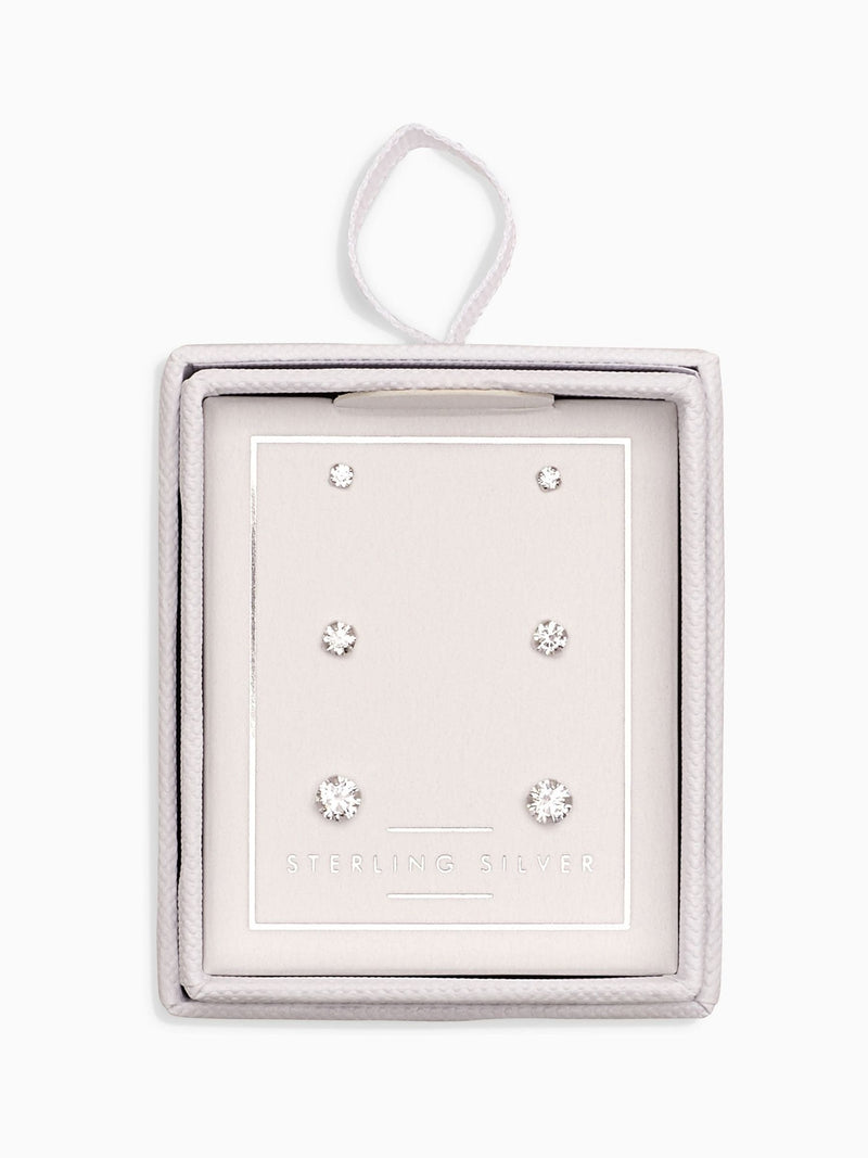 Sterling silver crystal stud earrings 3-pack with 2mm, 3mm, 4mm studs (British brand)