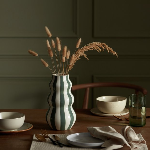Habitat hand painted stripe vase green 25cm, imported from the UK