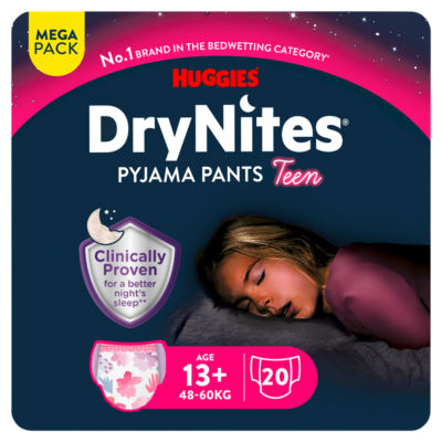 Huggies DryNites girls pyjama pants 13+ years 48-60kg 20 pack, UK version