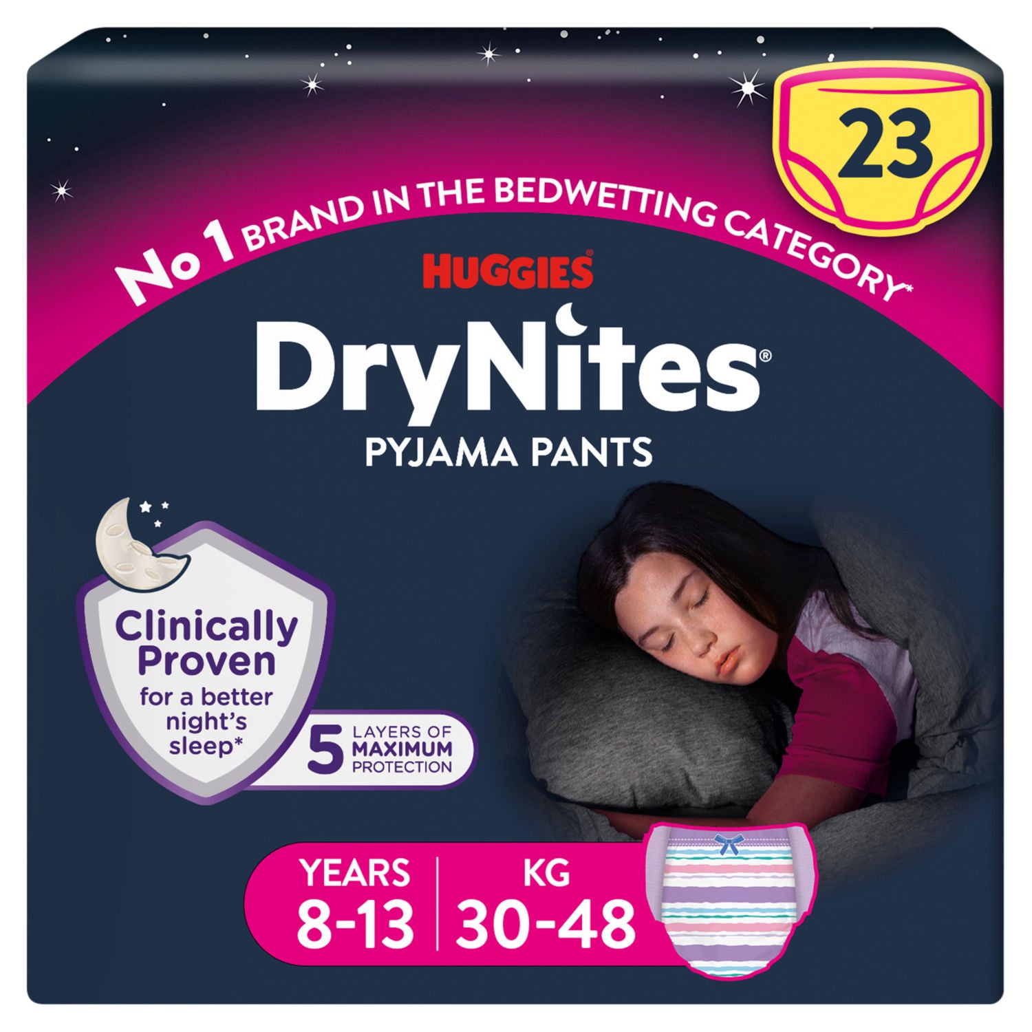 Huggies DryNites bedwetting pants girls 8-13 MEGA Pack 23 pants, UK version