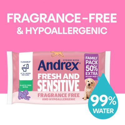 Andrex Fresh and Sensitive flushable hygiene wipes 45 wipes, UK version