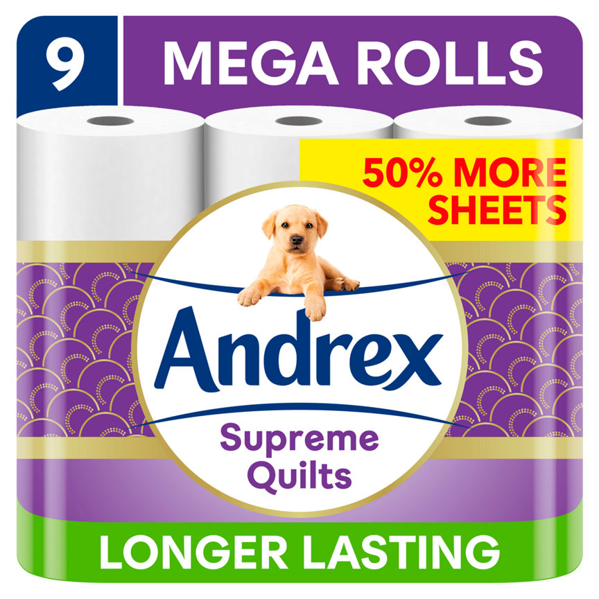 Andrex Supreme Quilts Toilet Tissue Mega Rolls, 9 Quilted Mega Rolls GOODS ASDA   