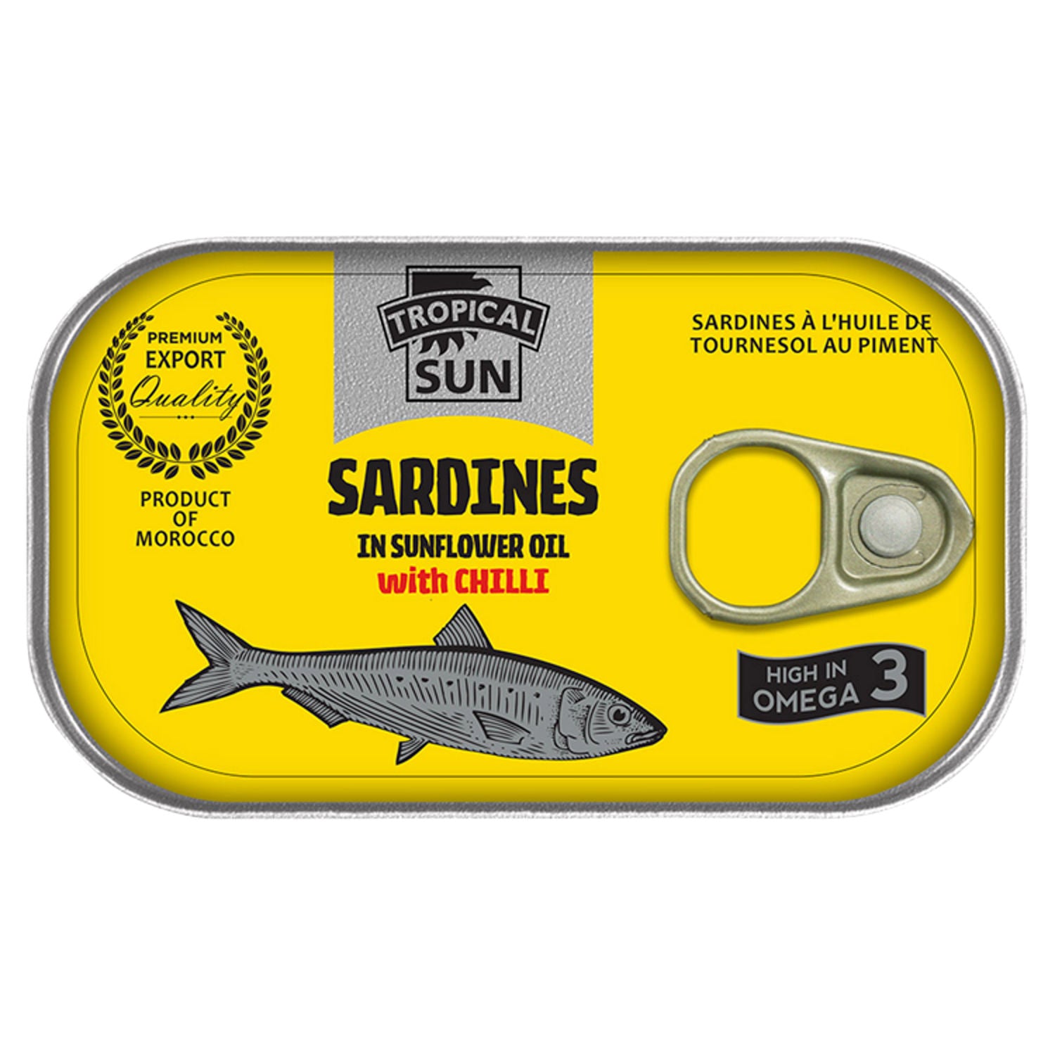 Tropical Sun sardines with chilli in sunflower oil 125g, imported from the UK