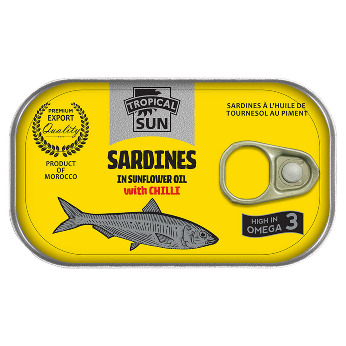 Tropical Sun sardines with chilli in sunflower oil 125g, imported from the UK