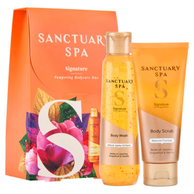 Sanctuary Spa Signature bodycare duo body scrub and wash, imported from the UK