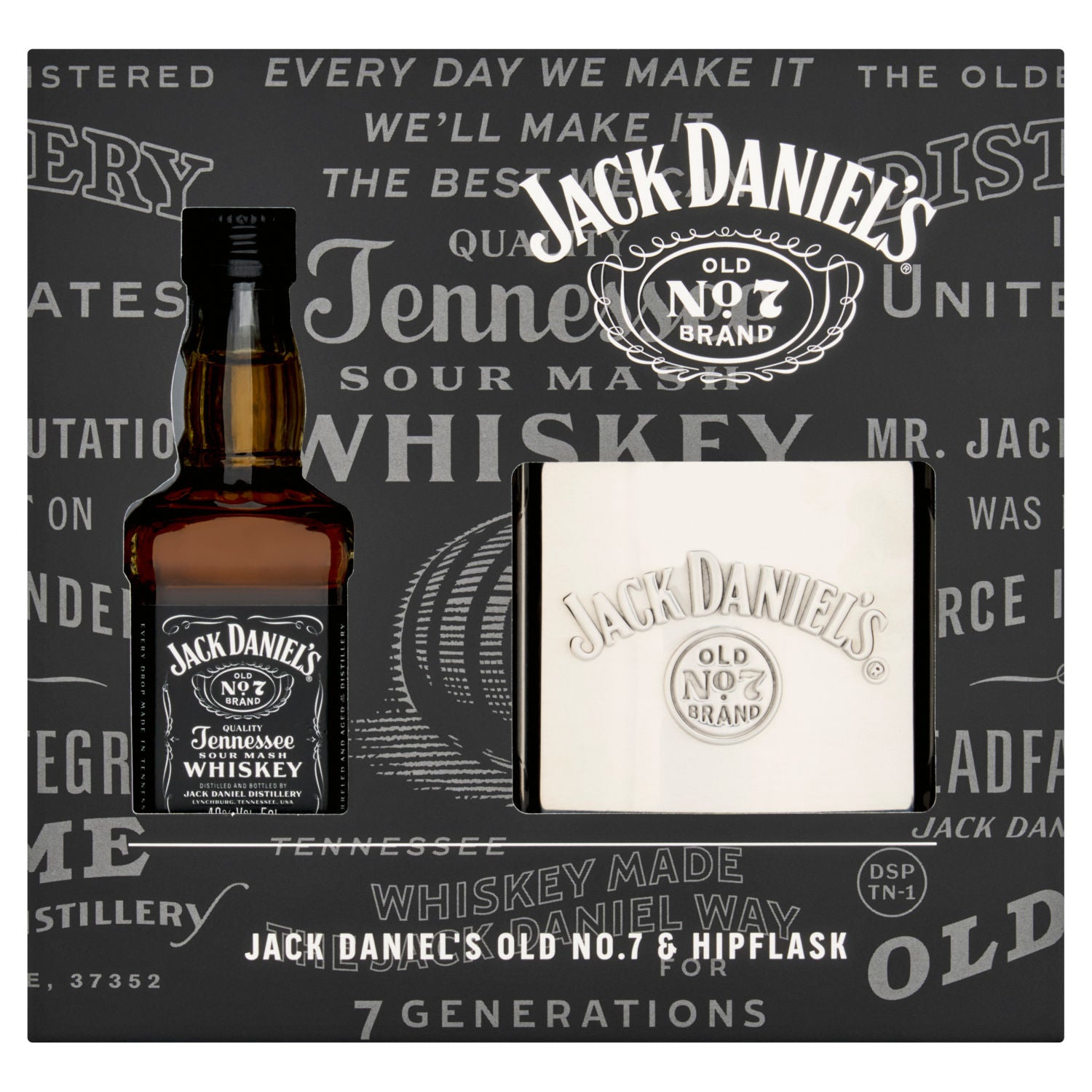 Jack Daniel's Old No. 7 whiskey and hipflask gift set, UK version