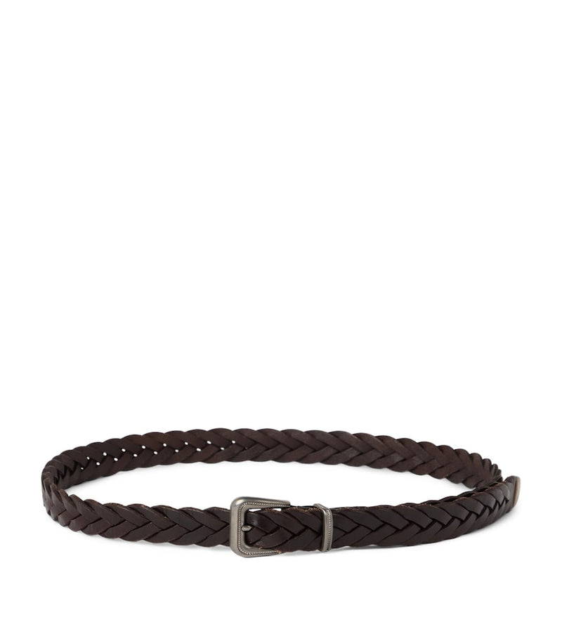 Brunello Cucinelli braided calf leather belt with silver buckle (British brand)