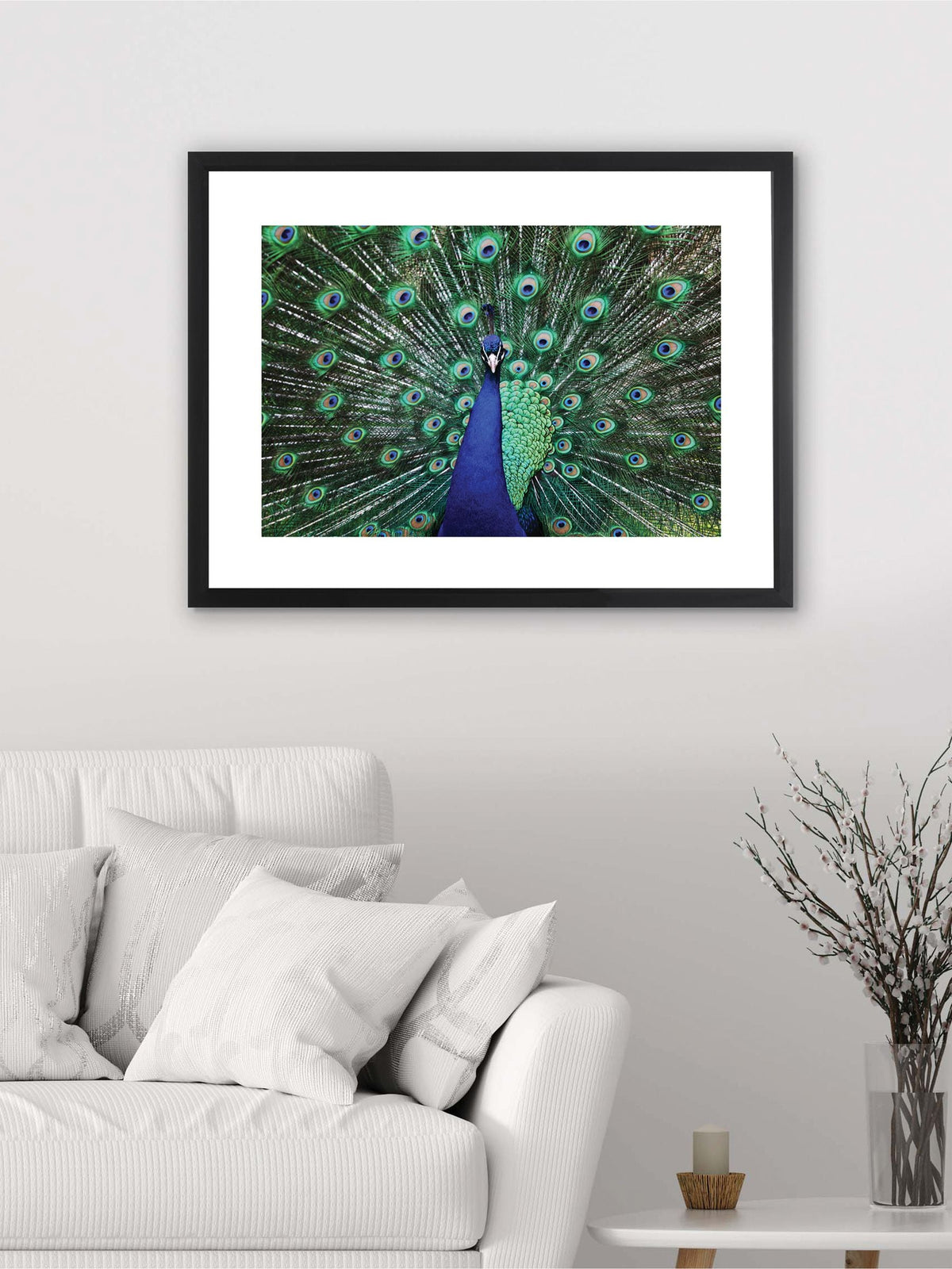 Brookpace Lascelles blue peacock fan artwork 30x22 inch matt black frame, imported from the UK