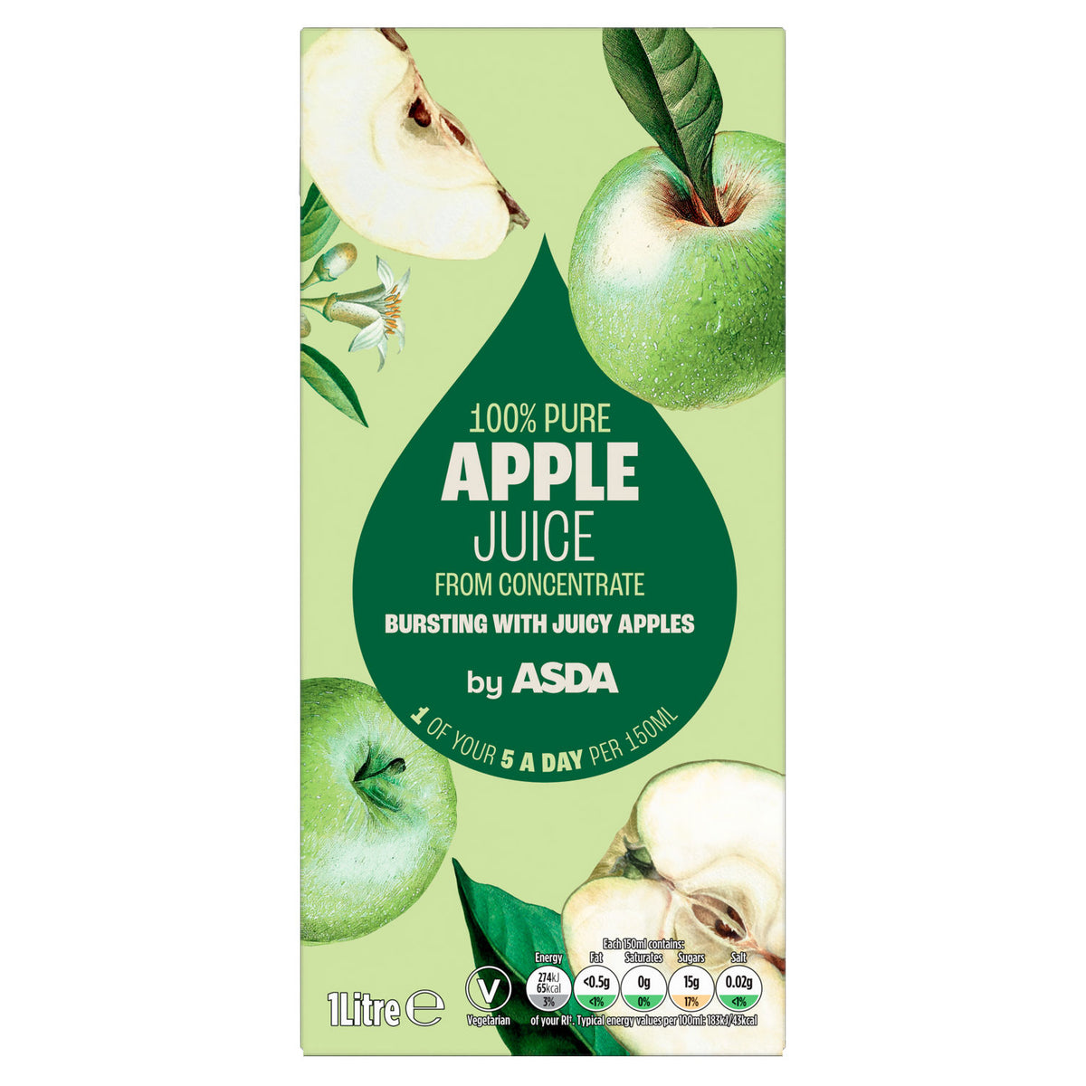 ASDA apple juice from concentrate 1 litre, imported from the UK