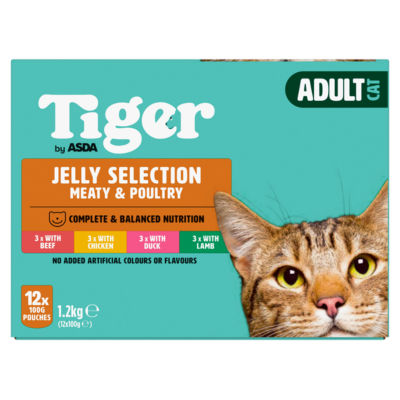 ASDA Tiger Meaty & Poultry Jelly Selection Wet Cat Food 12 x 100g (1.2kg)- Buy online at McGrocer