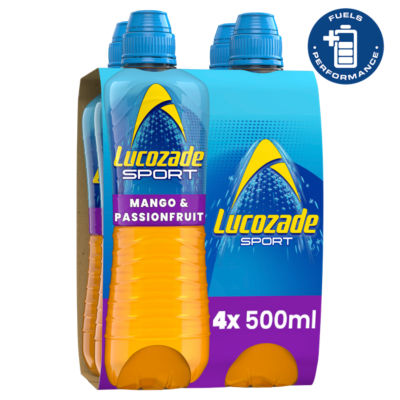 Lucozade sports drink Mango & Passion Fruit 4 x 500ml, UK version