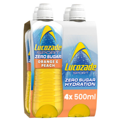 Lucozade sports drink Zero Sugar Orange & Peach 4 x 500ml, UK version