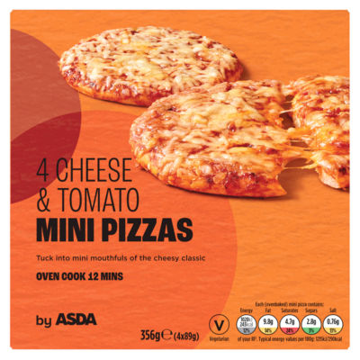ASDA Cheese & Tomato Mini Pizzas Frozen Pizza 4 x 89g (356g)