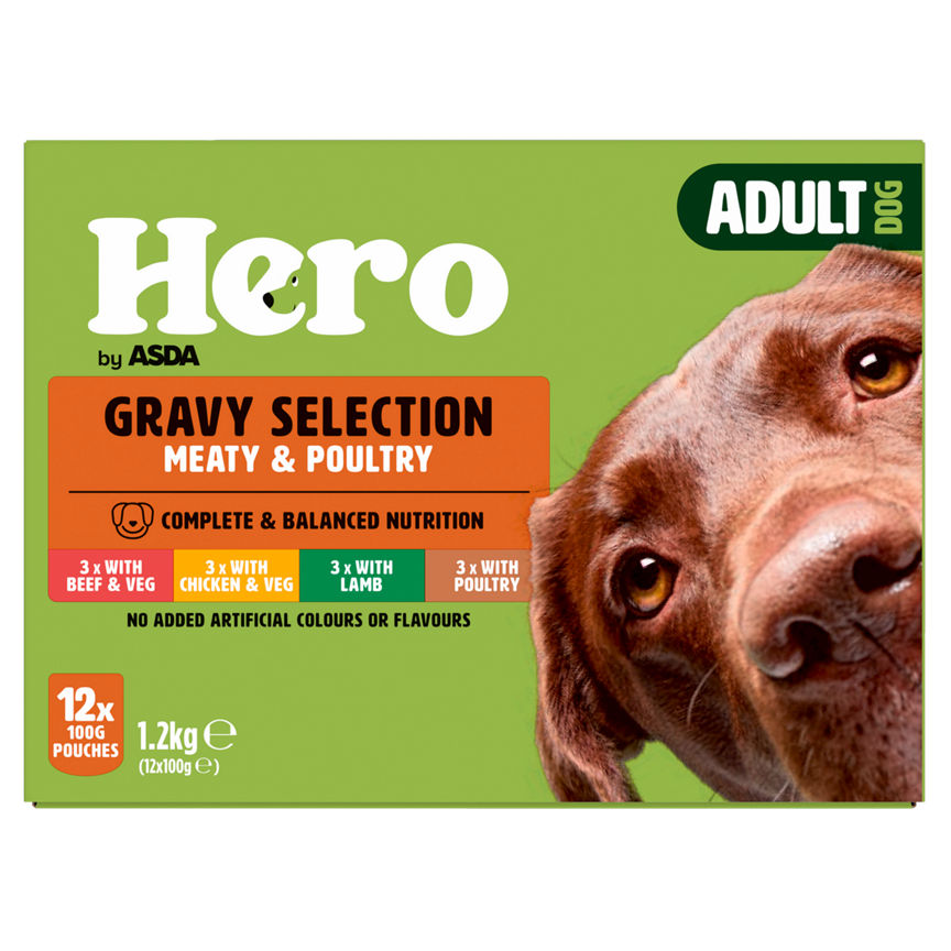 Hero by ASDA Adult Dog Gravy Selection Meat & Poultry 12x100g Pouches