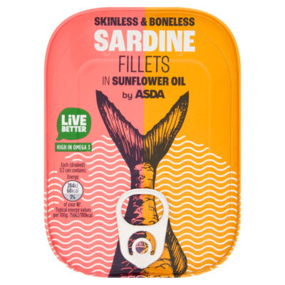 ASDA Skinnfrie og Benfrie Sardinfileter i Solsikkeolje Hermetiske Sardiner 106g