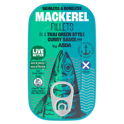 ASDA Makrelenfilets in Thai-Currysauce (grüne Art), Fischkonserve, 125 g