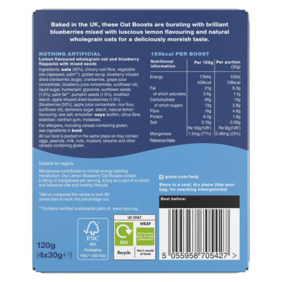 Graze lemon blueberry oat flapjack bars with seeds 4x30g, UK version