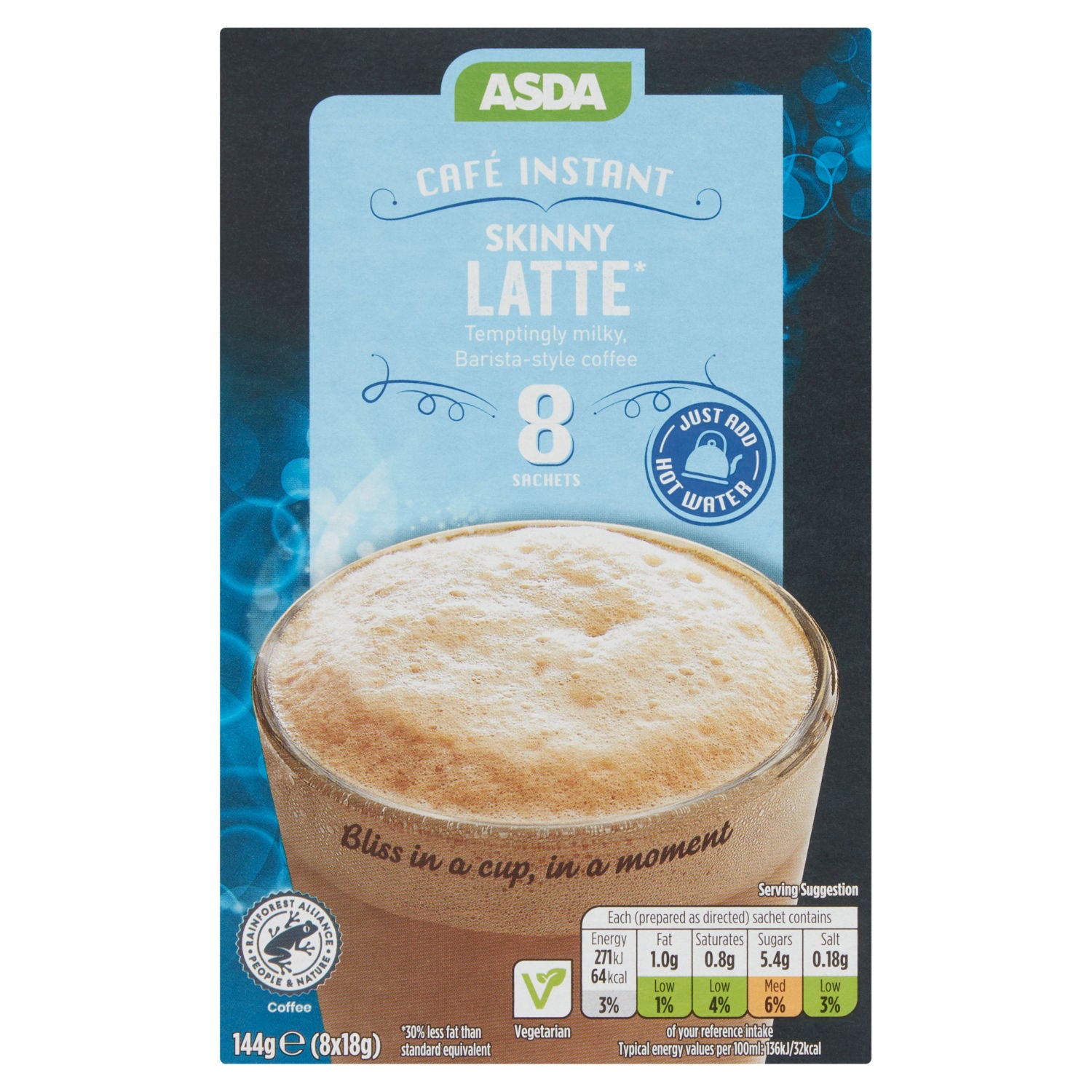 ASDA Café Skinny Latte instant sachets 8-pack, imported from the UK