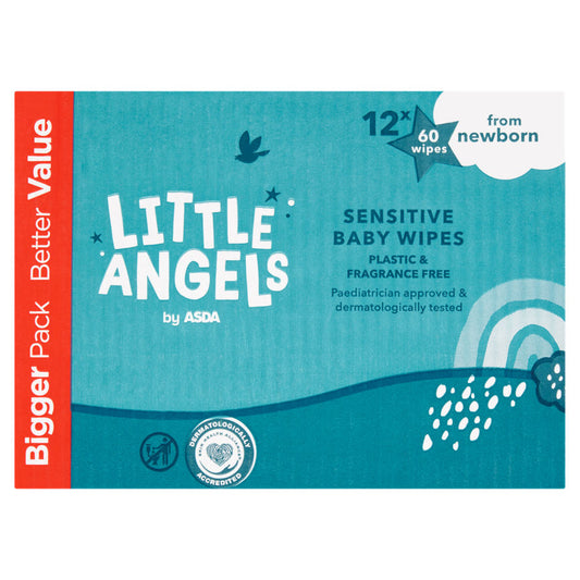 LITTLE ANGELS by ASDA 12x60 Newborn Sensitive Baby Wipes Plastic & Fragrance Free GOODS ASDA   