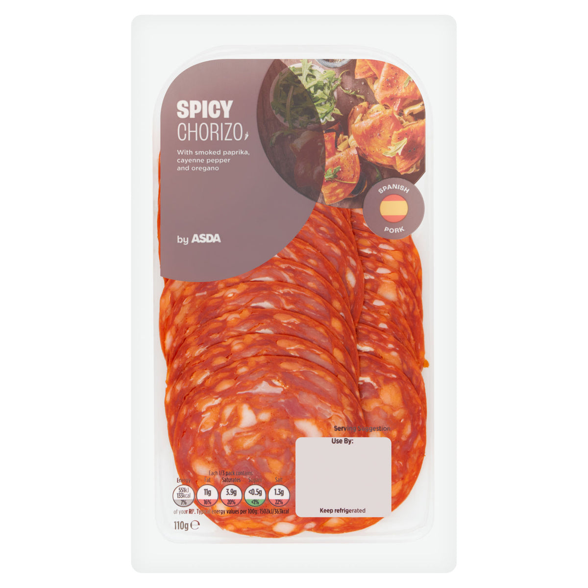 ASDA spicy chorizo 110g cured pork sausage (British brand)