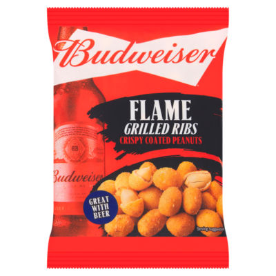 Budweiser flame grilled rib flavour crispy coated peanuts 150g - British product