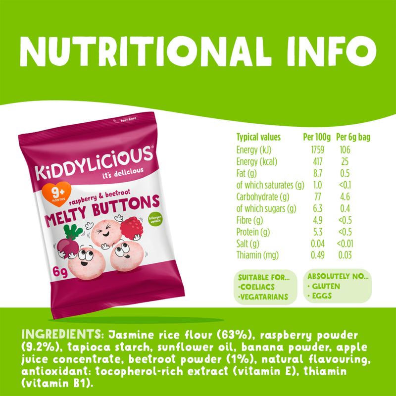 Kiddylicious raspberry and beetroot melty buttons 6g, UK version