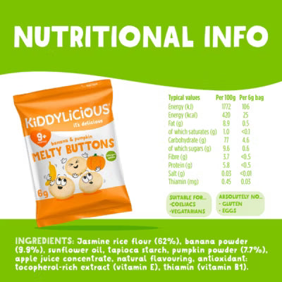 Kiddylicious Banana & Pumpkin Melty Buttons 9+ Months 5 x 6g (30g)