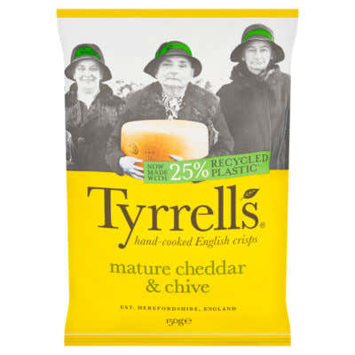 Tyrrells Mature Cheddar & Chive crisps 150g (British brand)