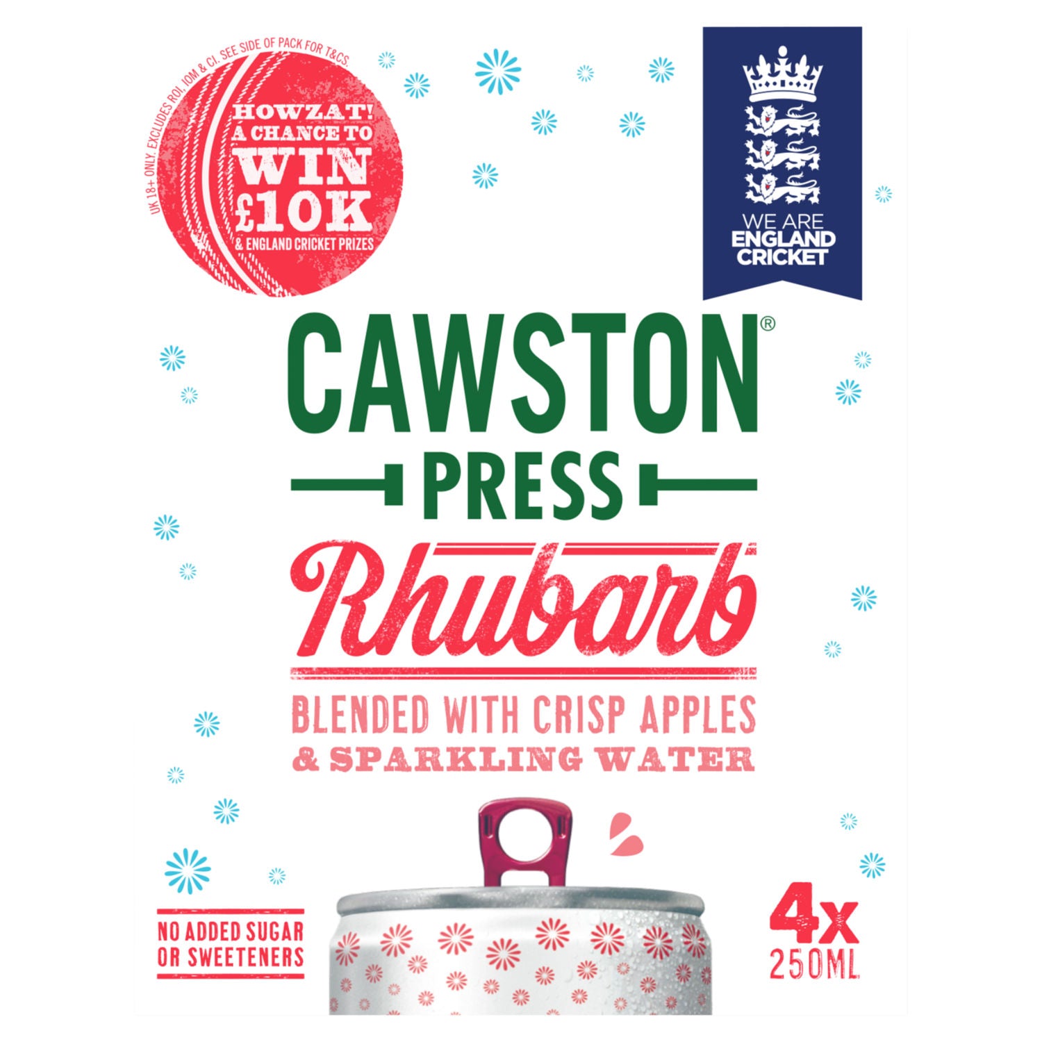 Cawston Press rhubarb sparkling juice drink 4x250ml, imported from the UK
