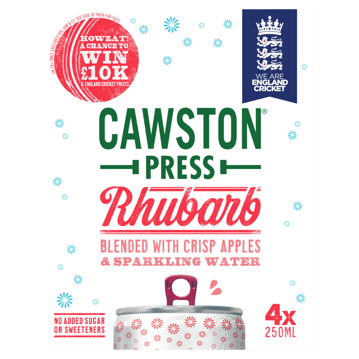 Cawston Press rhubarb sparkling juice drink 4x250ml, imported from the UK