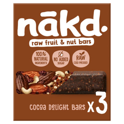 Nakd Cocoa Delight fruit and nut bars 3 x 35g, imported from the UK