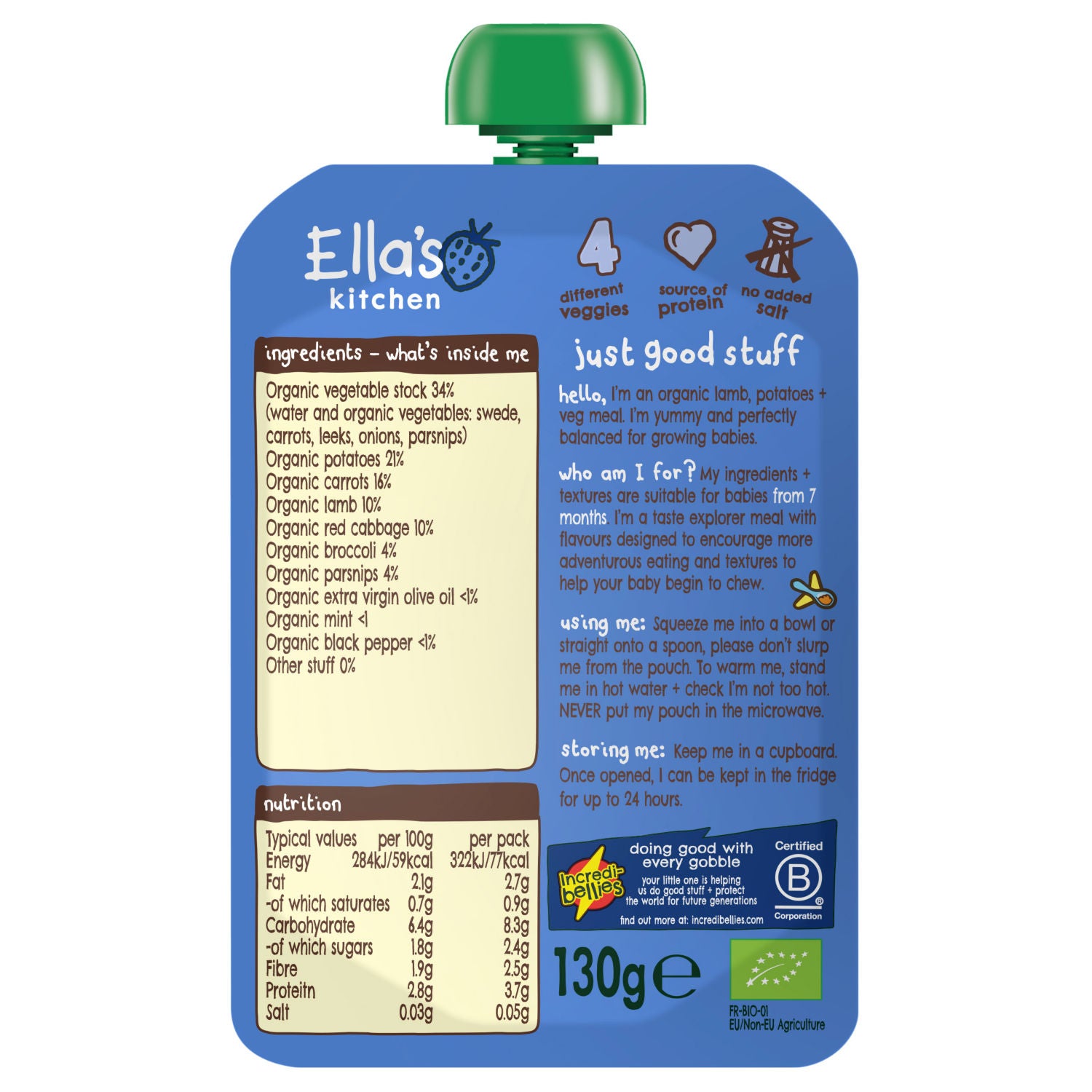 Ella's Kitchen Lovely Lamb Roast baby food pouch 130g - British product