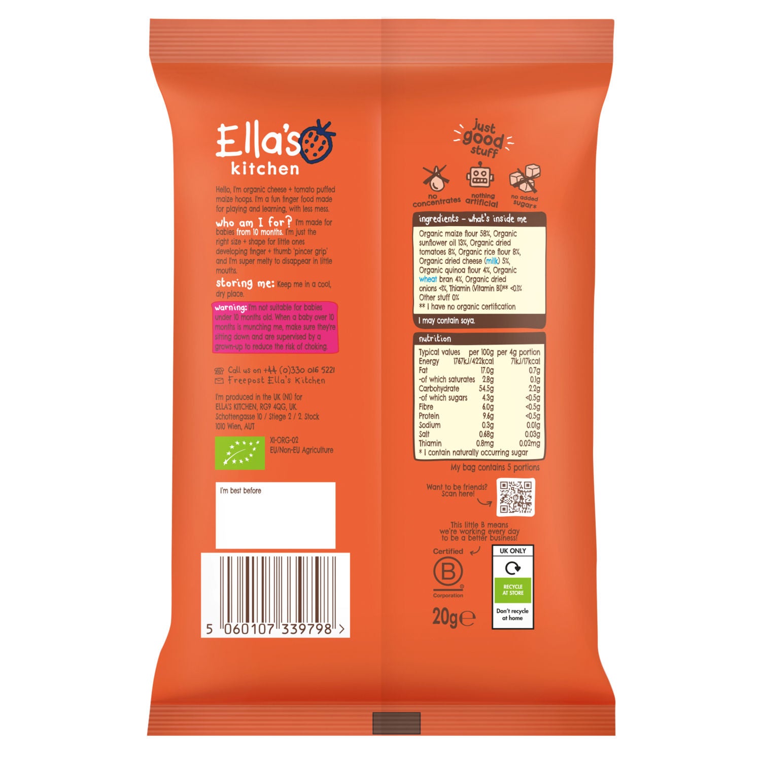 Ella's Kitchen Cheese and Tomato Melty Hoops baby snack 20g - British product
