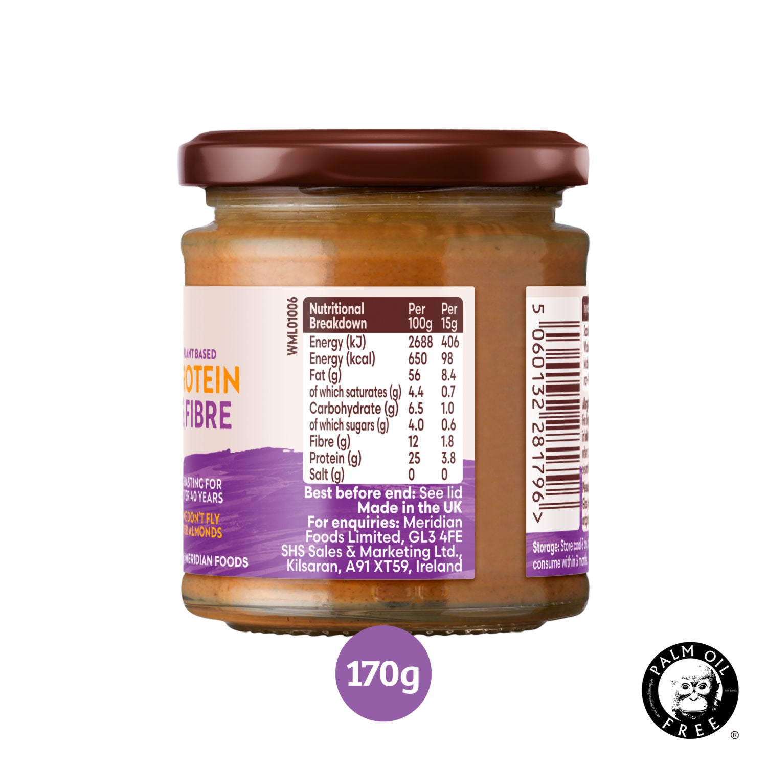 Meridian smooth almond butter palm oil free 170g, imported from the UK