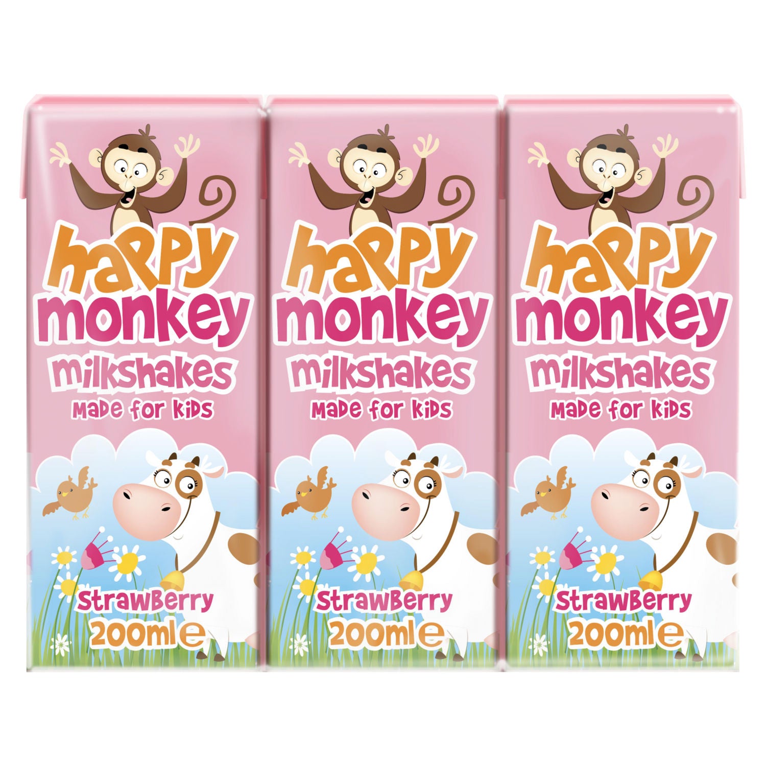 Happy Monkey strawberry milkshakes 3x200ml - British product