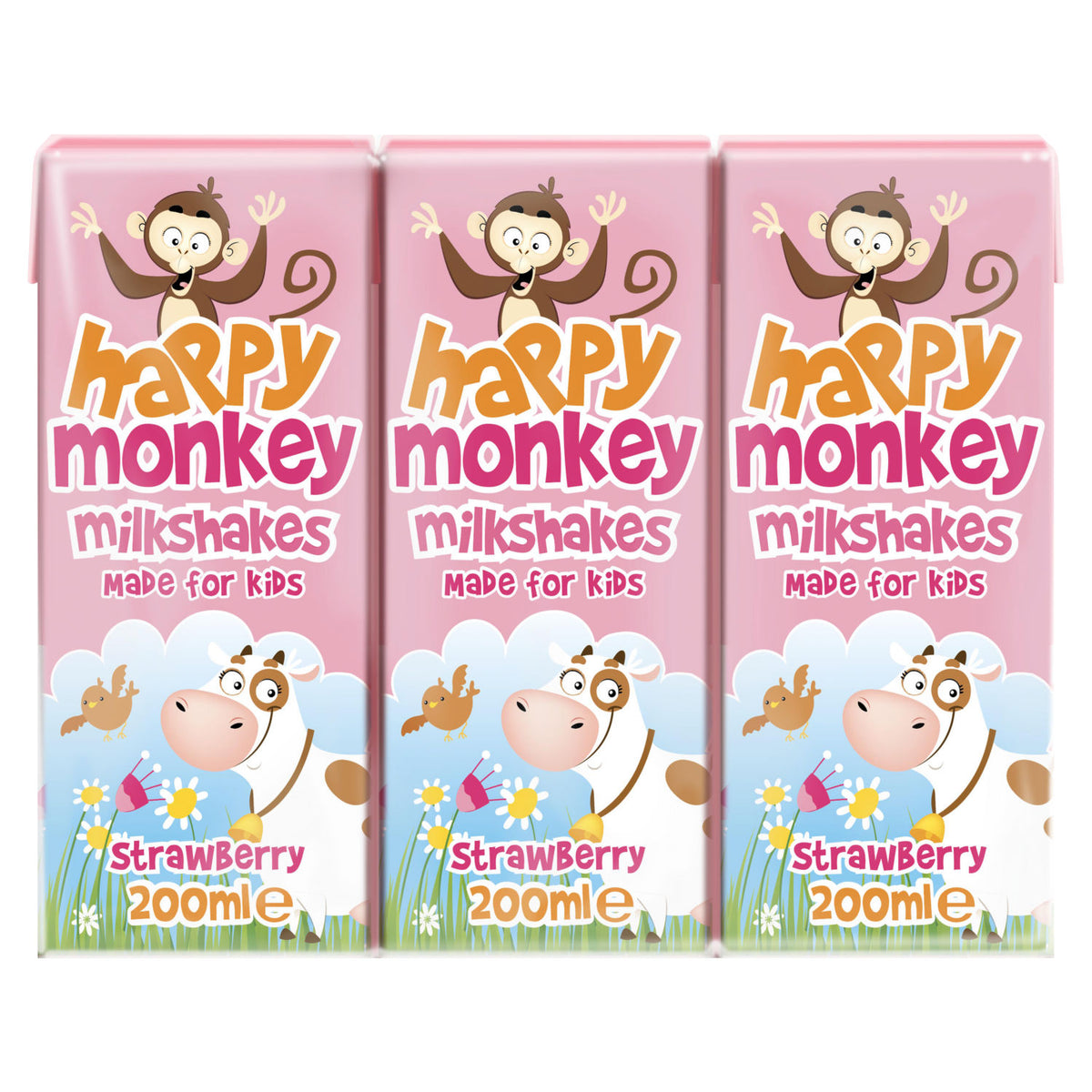 Happy Monkey strawberry milkshakes 3x200ml - British product