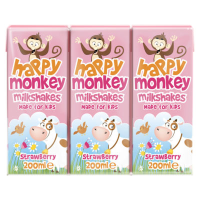 Happy Monkey strawberry milkshakes 3x200ml - British product