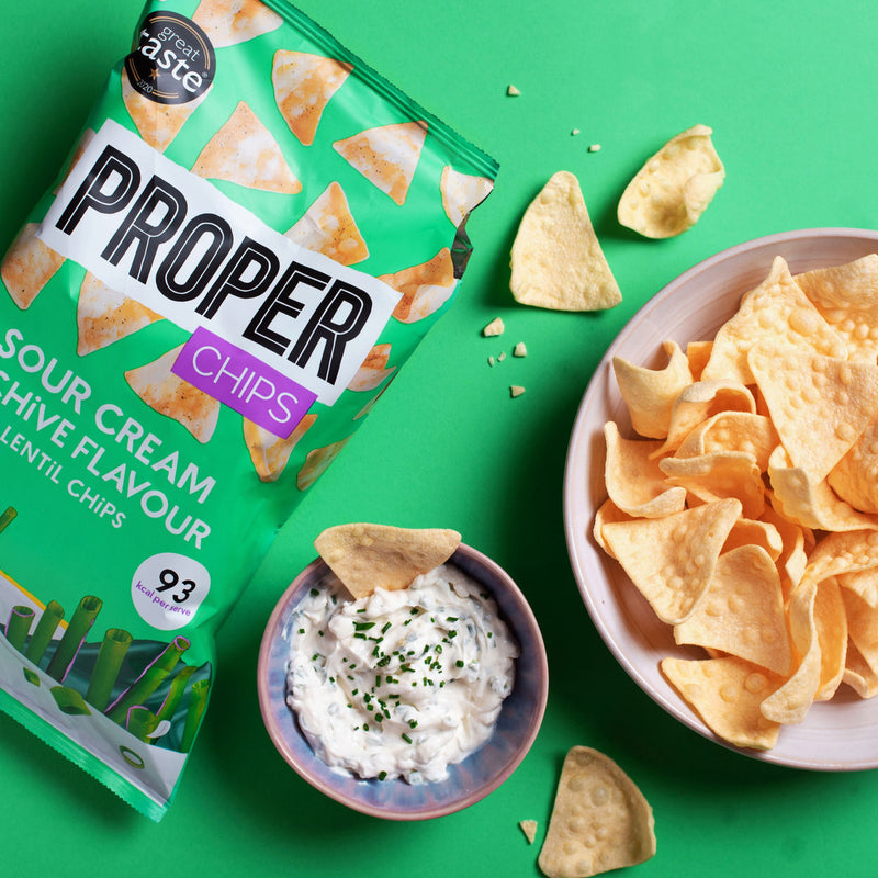 Properchips sour cream and chive lentil chips 85g, imported from the UK