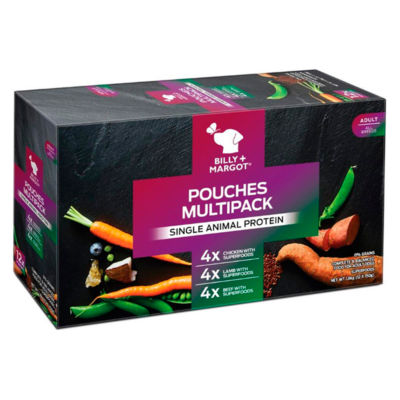 ASDA Billy + Margot Adult Dog Food Pouches Multipack Single Animal Protein 150g- Buy online at McGrocer