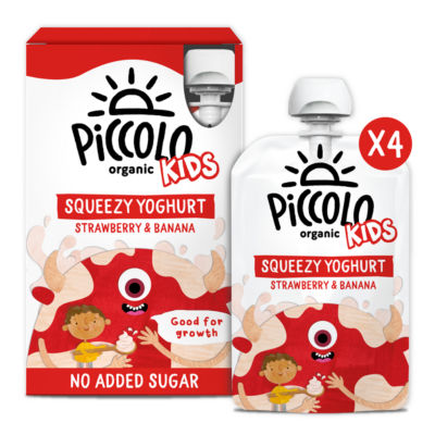 Piccolo Organic Kids Yoghurt Pouch Strawberry Banana 400g, imported from the UK