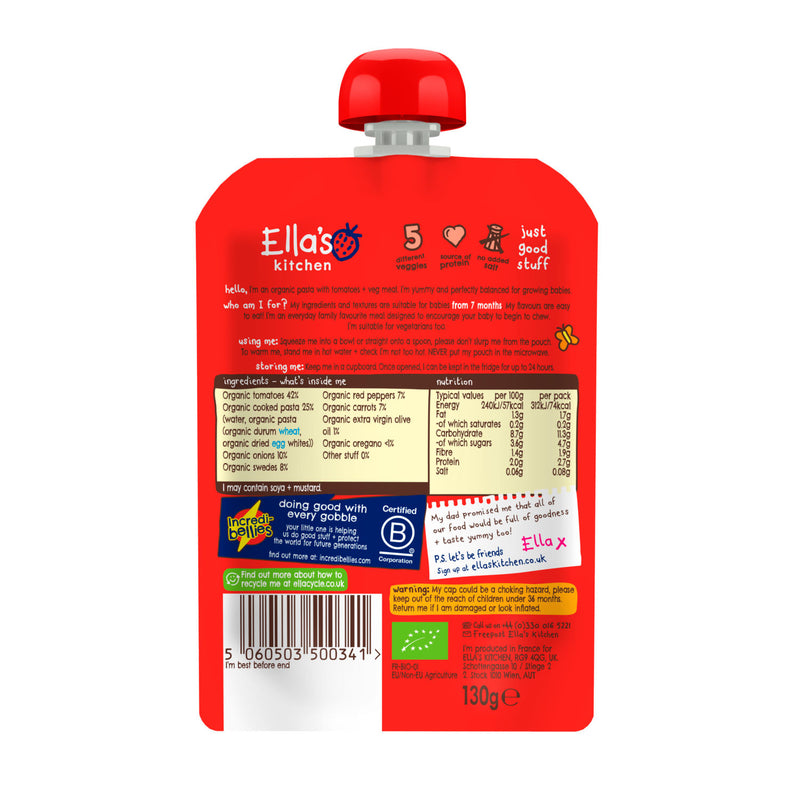 Ella's Kitchen Tomato-y Pasta with Veggies baby food pouch 130g - British product
