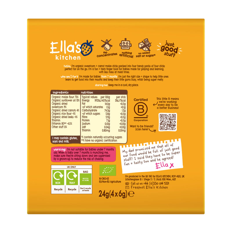 Ella's Kitchen sweetcorn and carrot melty sticks 24g - British product