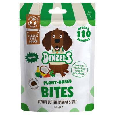 ASDA Denzel's Plant-Based Bites Peanut Butter, Banana & Kale Dog Treats 100g- Buy online at McGrocer