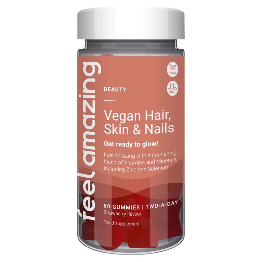 Feel Amazing Beauty Vegan Hair, Skin & Nails Strawberry Flavour Two-A-Day 60 Gummies GOODS ASDA   