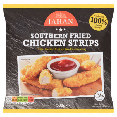 Jahan southern fried chicken strips breadcrumb coated 500g, imported from the UK