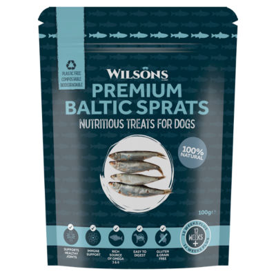 Wilsons premium Baltic sprats dog treats 100g, UK version