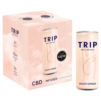 ASDA TRIP Fersken Ingefær CBD-infusert Musserende Drikke Multipack 4 x 250ml- Kjøp online hos McGrocer
