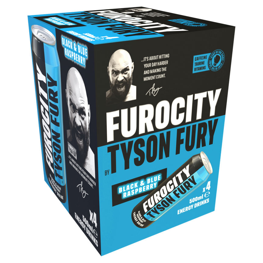 Tyson Fury Furocity Black & Blue Raspberry Energy Drink Cans GOODS ASDA   