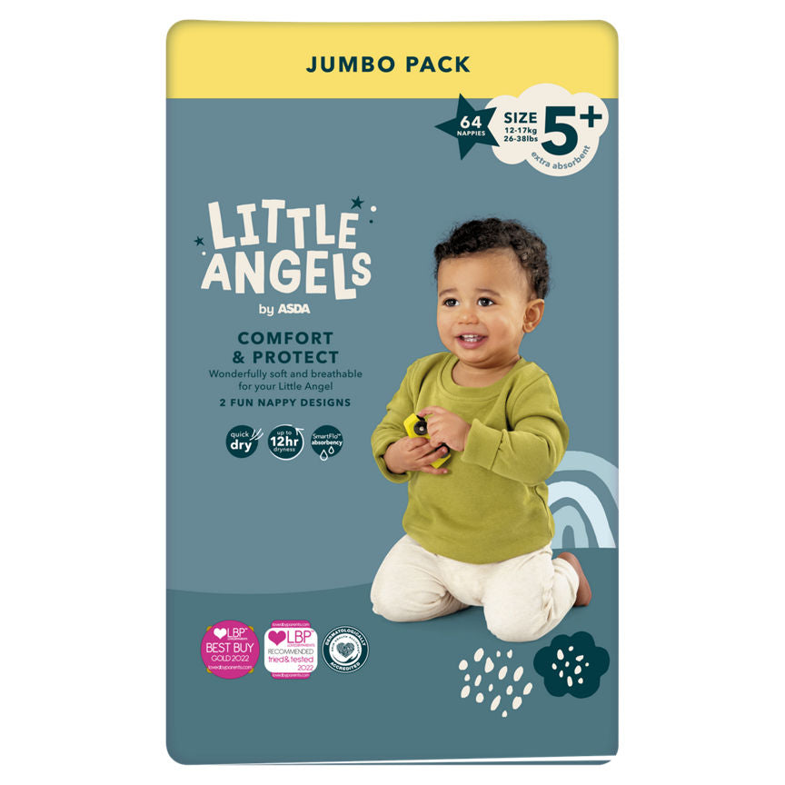 LITTLE ANGELS by ASDA Size 5+ Comfort & Protect Jumbo Pack 64 Nappies